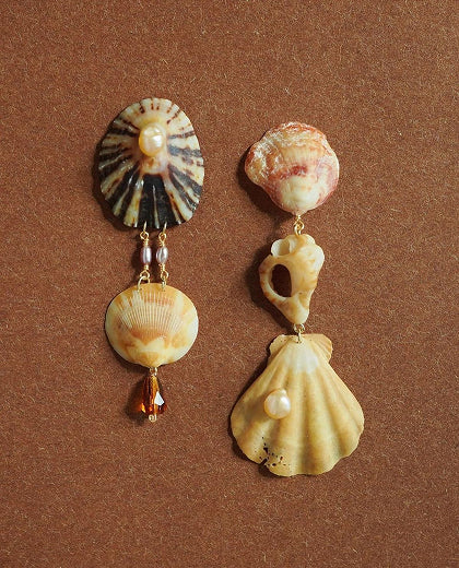 Pair of shell earrings on a brown background