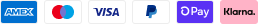 Logos of various payment methods including AMEX, Mastercard, Visa, PayPal, DPay, and Klarna on a white background.